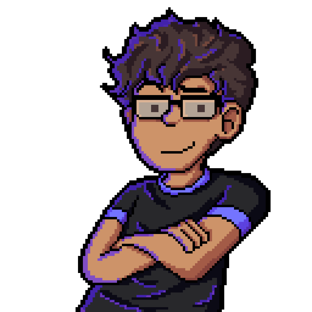 Pixel art de David Ericson com os braços cruzados